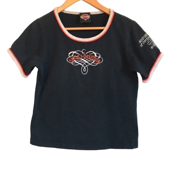 Harley Davidson women’s short sleeve shirt Y2K size Small black orange white - Picture 1 of 8